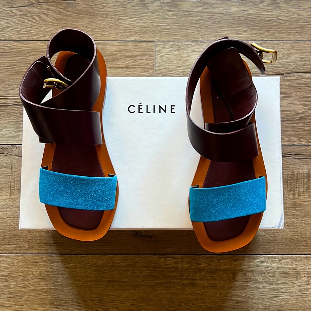 Celine Leather Slingback Sandals. Color block, turquoise and brown. Size 37.5